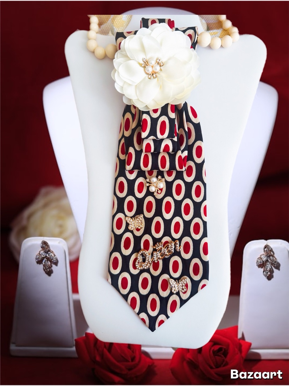 Hand crafted patterned Black, Red & Cream Statement Necklace with Floral Brooch